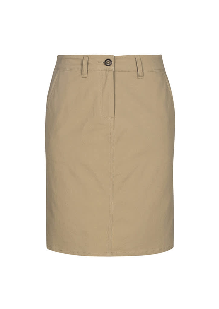 A khaki women's skirt featuring a front button closure and two side pockets. It has a simple and classic design.