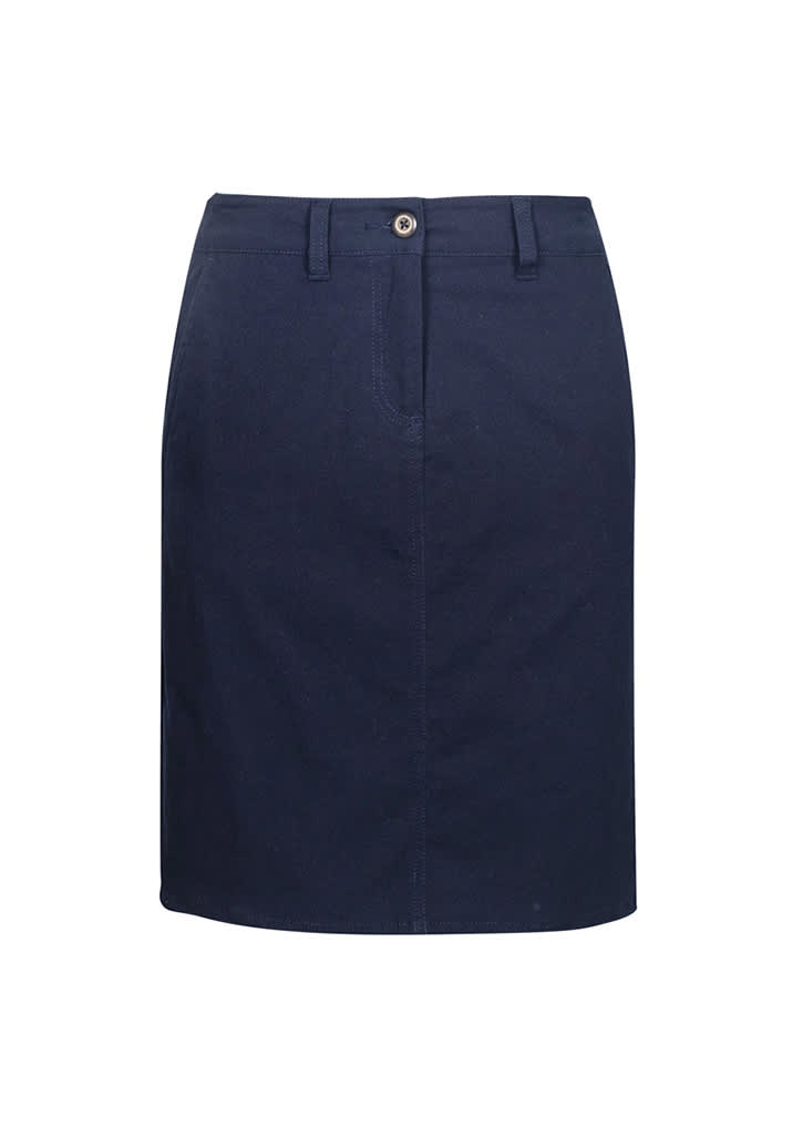 A navy skirt with a front pocket, buttons, and a tailored fit. It features a logo on the waistband.