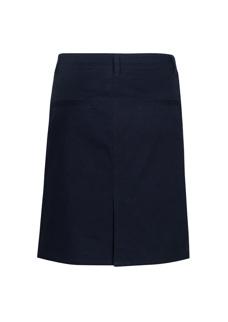 A navy women's skirt featuring a back vent and two back pockets, with a brand logo on the waistband.