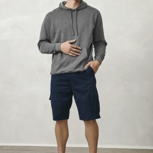 A model wearing grey hoodie and navy shorts with pockets, set against a neutral background.