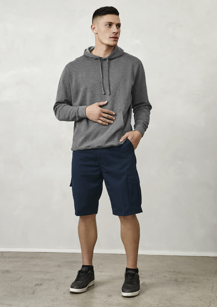 A model wearing grey hoodie and navy shorts with pockets, set against a neutral background.