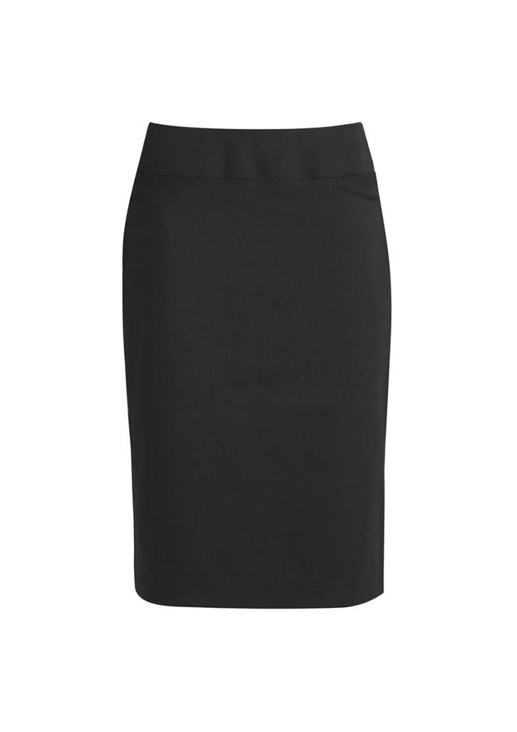 A classic knee-length skirt in black with a sleek design and subtle detailing. It features a waistband and no visible branding.