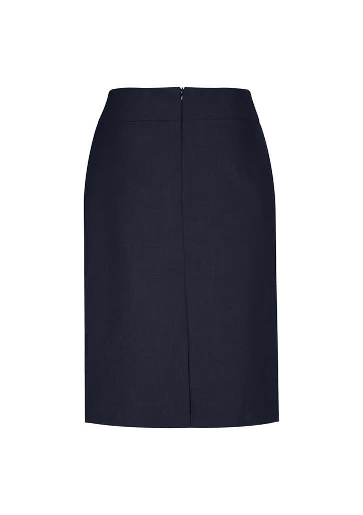 A knee-length women's skirt in navy blue with a central back zipper and a fitted silhouette.