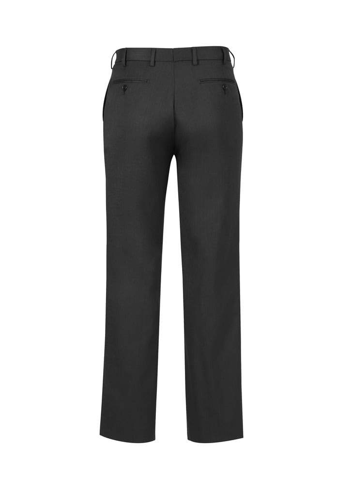 A pair of men's classic pleat pants in dark grey, featuring back pockets and a sleek design.