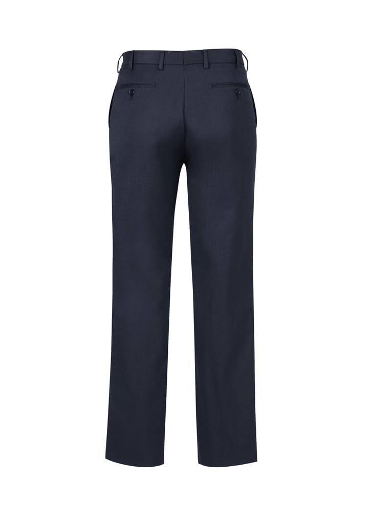A pair of men's classic pleat pants in dark navy, featuring a tailored fit and back pockets, with branding visible.
