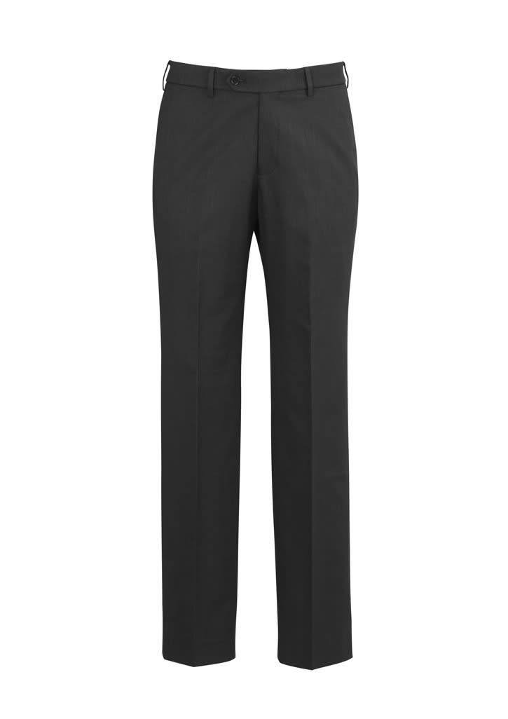 Classic flat black pants with a straight leg design, featuring a waistband and a single logo.