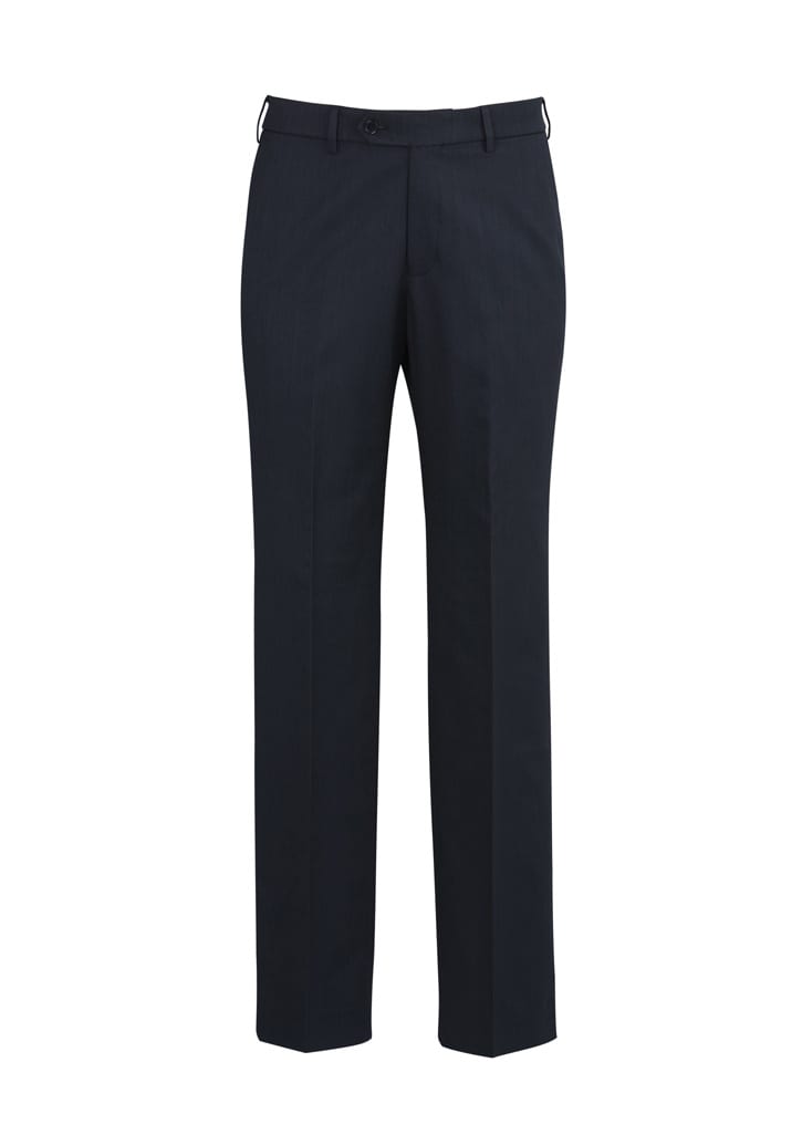 Classic flat pants in dark navy blue, featuring a sleek design and a logo. Suitable for formal and casual settings.