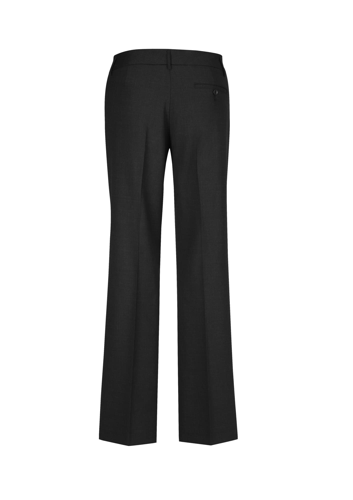 A pair of women's classic black slacks, featuring a straight leg design and a single back pocket.