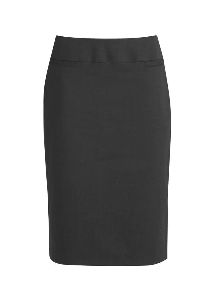 A women's classic below knee skirt in black, featuring a fitted silhouette and a simple design.