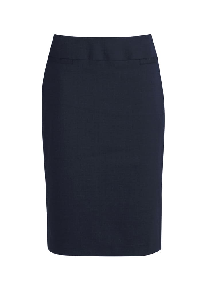 A stylish below-knee women's skirt in a dark navy colour, featuring a fitted silhouette and waistband.
