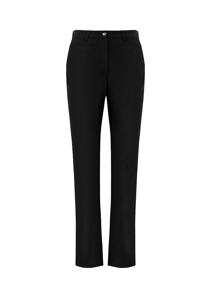 A pair of black women's slacks with a sleek design and a logo on the waistband.