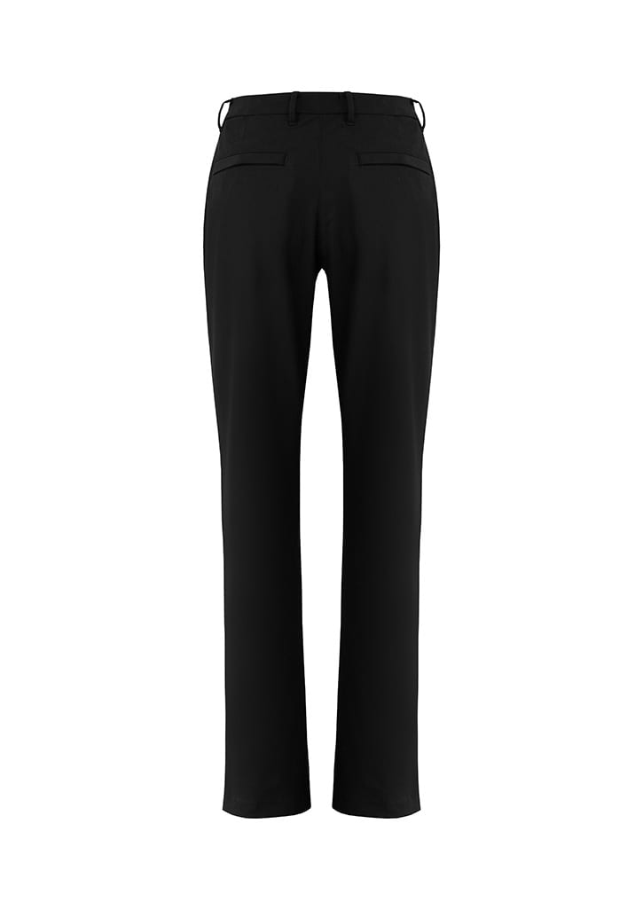 Black women's slacks with a straight-leg design and two back pockets, featuring a branding logo on the waistband.