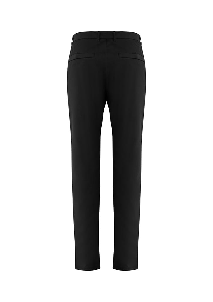 A pair of black men's slacks with a straight leg design and a logo on the waistband.