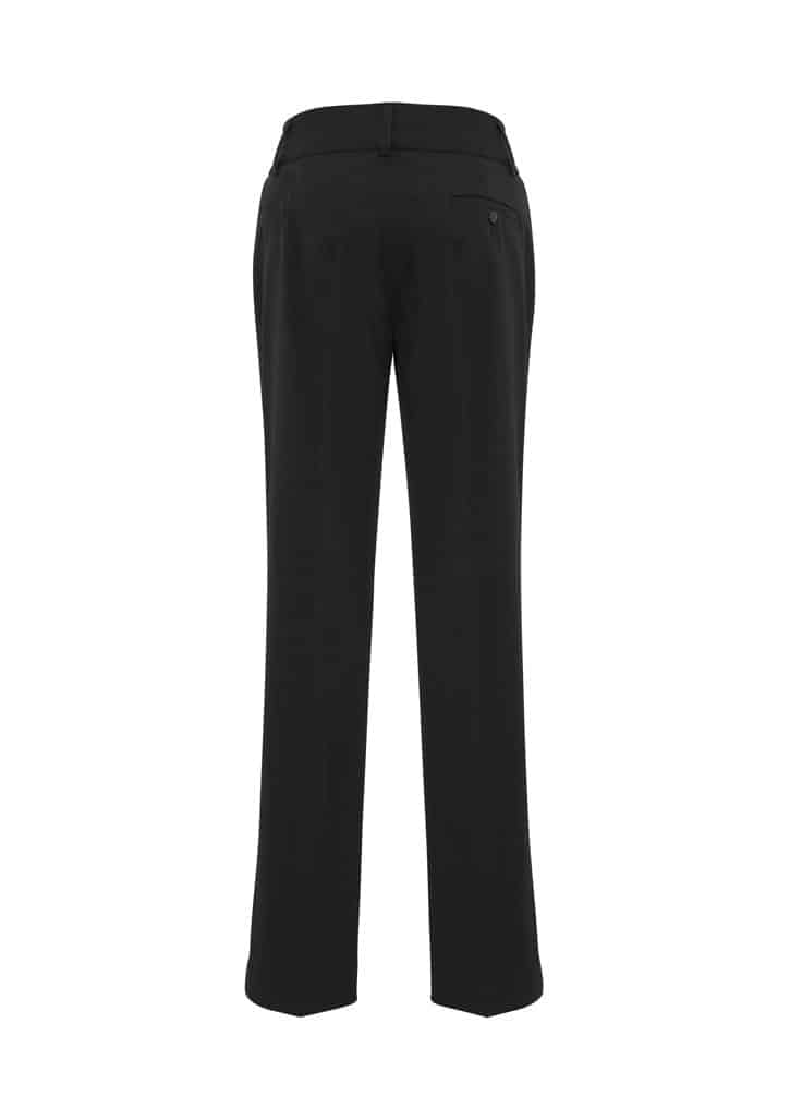 Black slacks with a tailored fit, featuring a waistband and back pocket detailing. Includes branding on the garment.