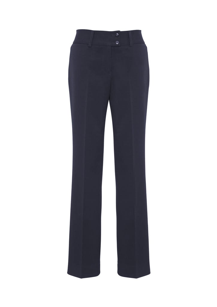 A pair of navy slacks with a straight leg design and two front buttons, featuring a logo on the waistband.