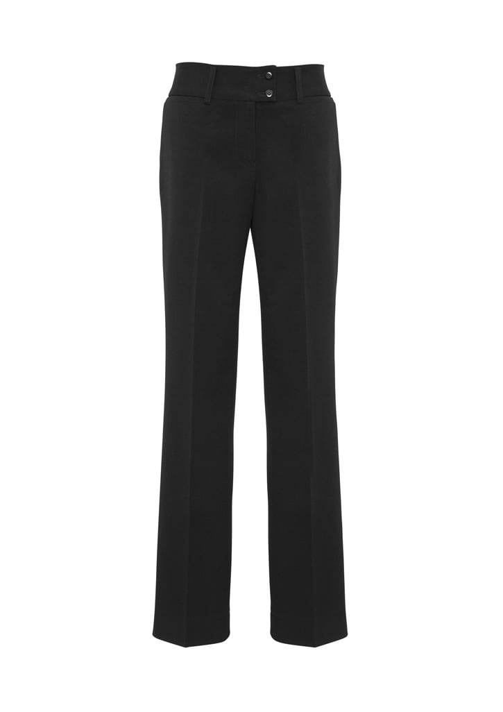 Black women's slacks with a straight leg design, featuring two front buttons and pockets, and a waistband.
