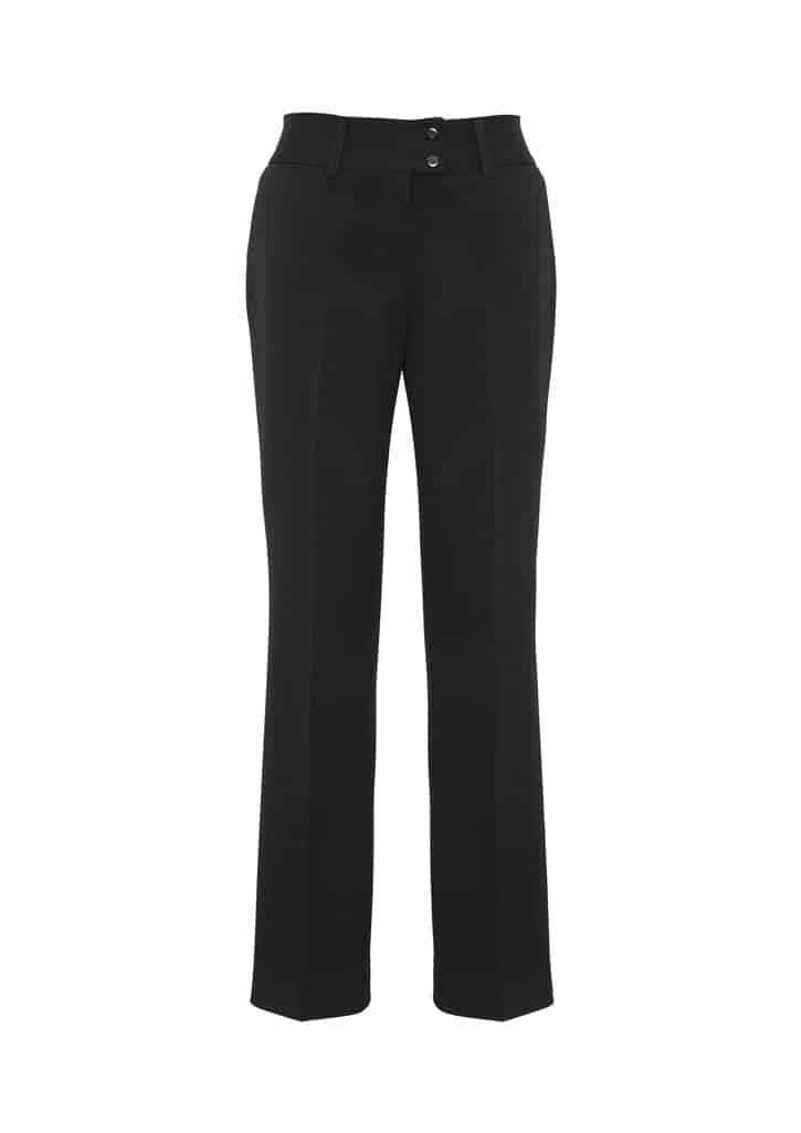 A pair of black slacks with a fitted waist and two-button closure. Features a clean, tailored design and logo.