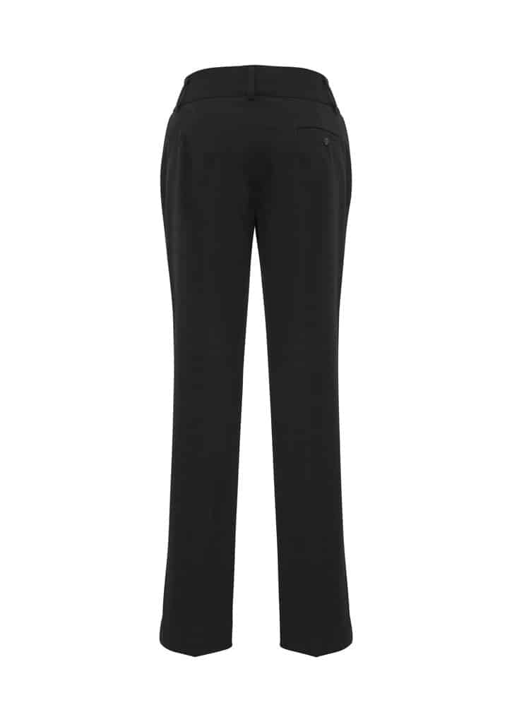 A pair of women's black slacks with straight legs, featuring a back pocket and waistband.