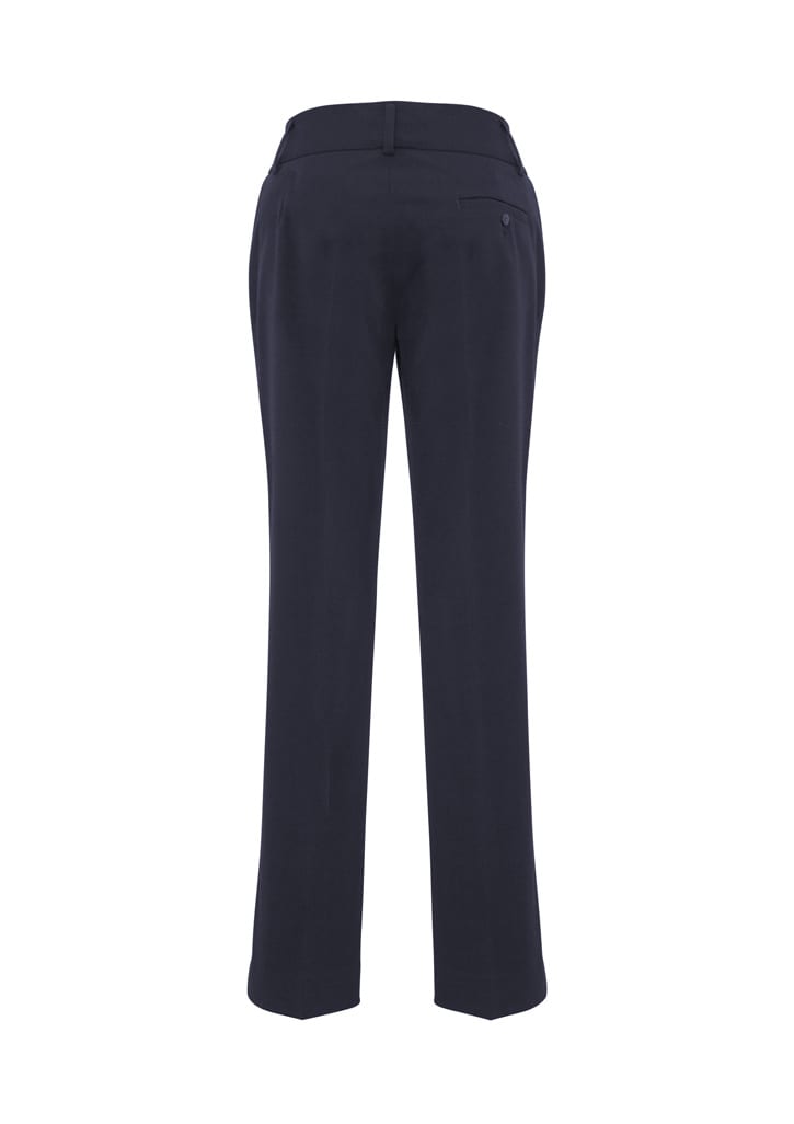 A pair of navy slacks with a straight leg design and a back pocket, featuring a small logo.