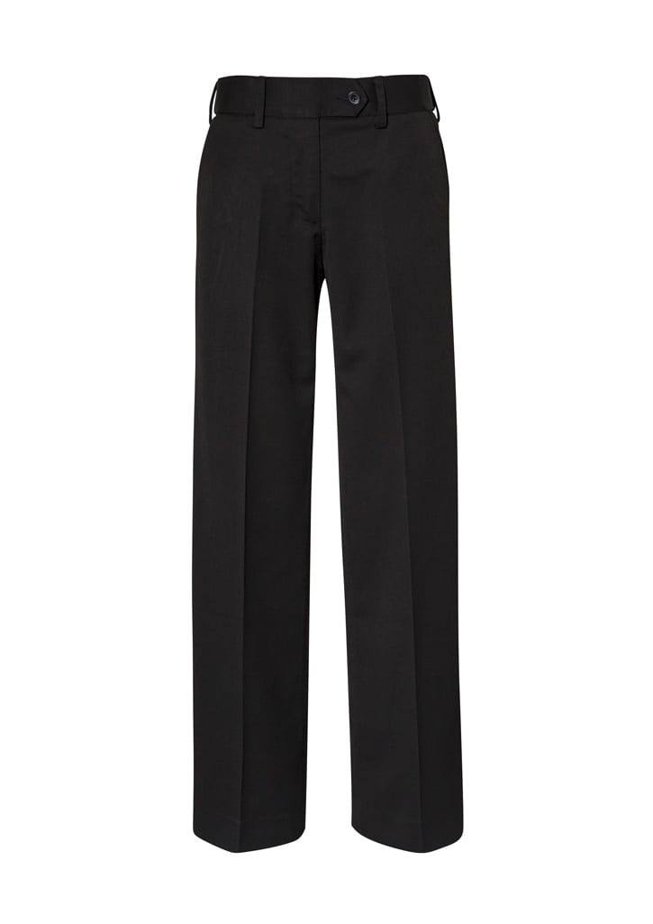 Black women's slacks with a straight leg design and a waistband featuring a button, accompanied by a logo.