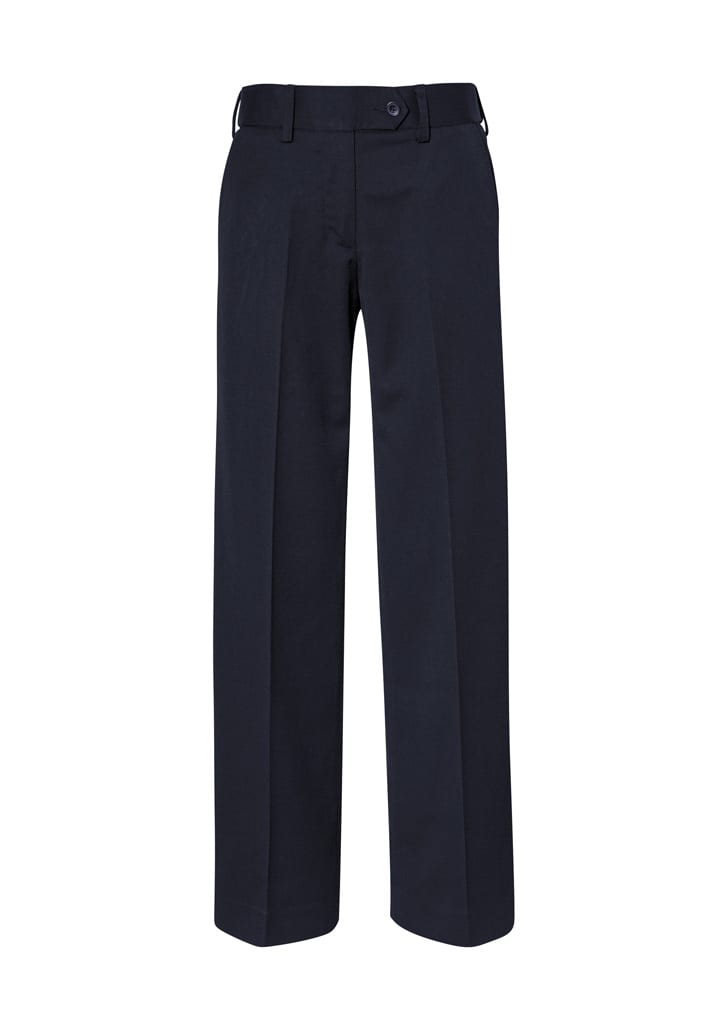 A pair of dark navy women's pants with a straight fit, featuring a waistband and button closure.