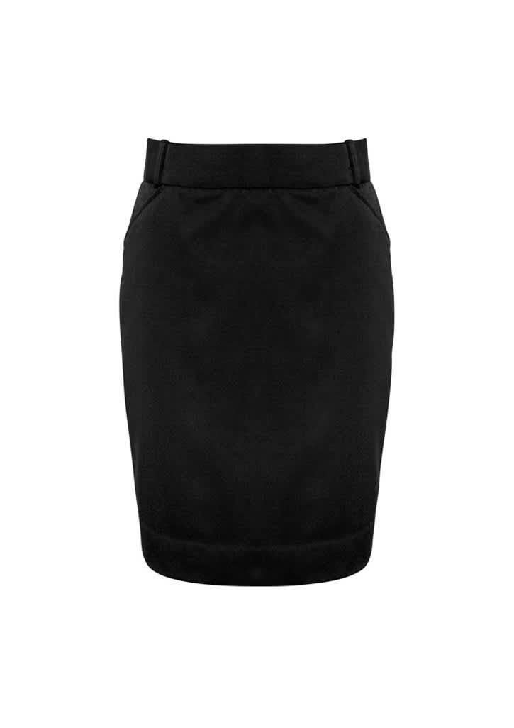 A black women's skirt with a tailored design, featuring pockets and a waistband. Contains a logo.