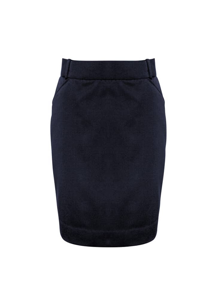 A navy women's skirt with a fitted design and pockets, featuring a waistband and a subtle logo detail.