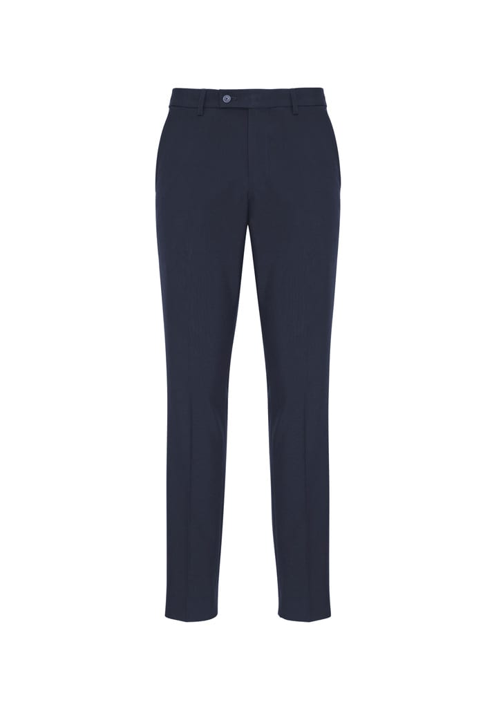 Navy classic slim pants with a tailored fit. Features a front button and belt loops, and has a logo on the waistband.