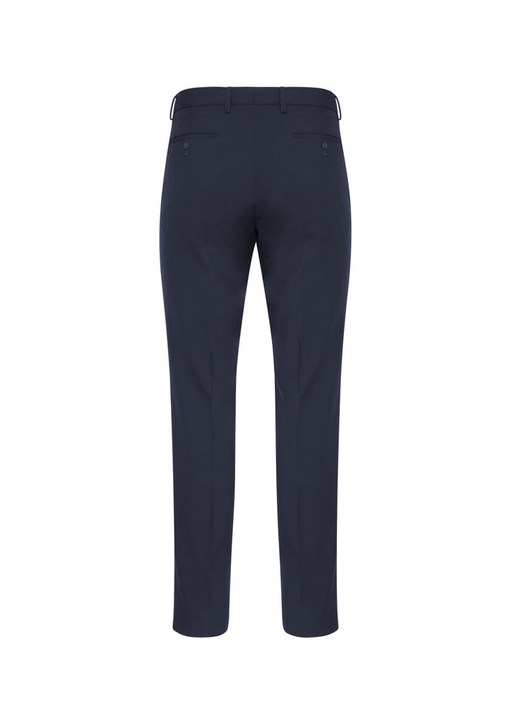 A pair of men's classic slim pants in navy blue, featuring a smooth back design with pockets and a branded label.