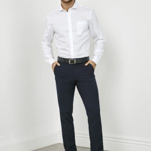 A pair of slim fit men's pants in navy, styled with a white shirt and a belt. There is branding visible.