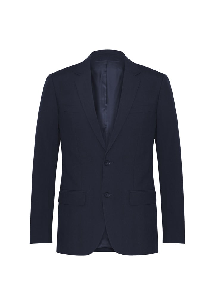 A navy classic jacket with a single-breasted design and two front pockets. Features a logo.