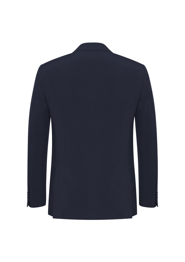 A navy blue men's classic jacket with a tailored fit and a single vent at the back. Features a logo on the inside.