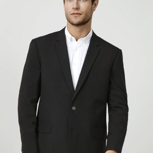 A classic black men's jacket with a single button, featuring notched lapels and side pockets.