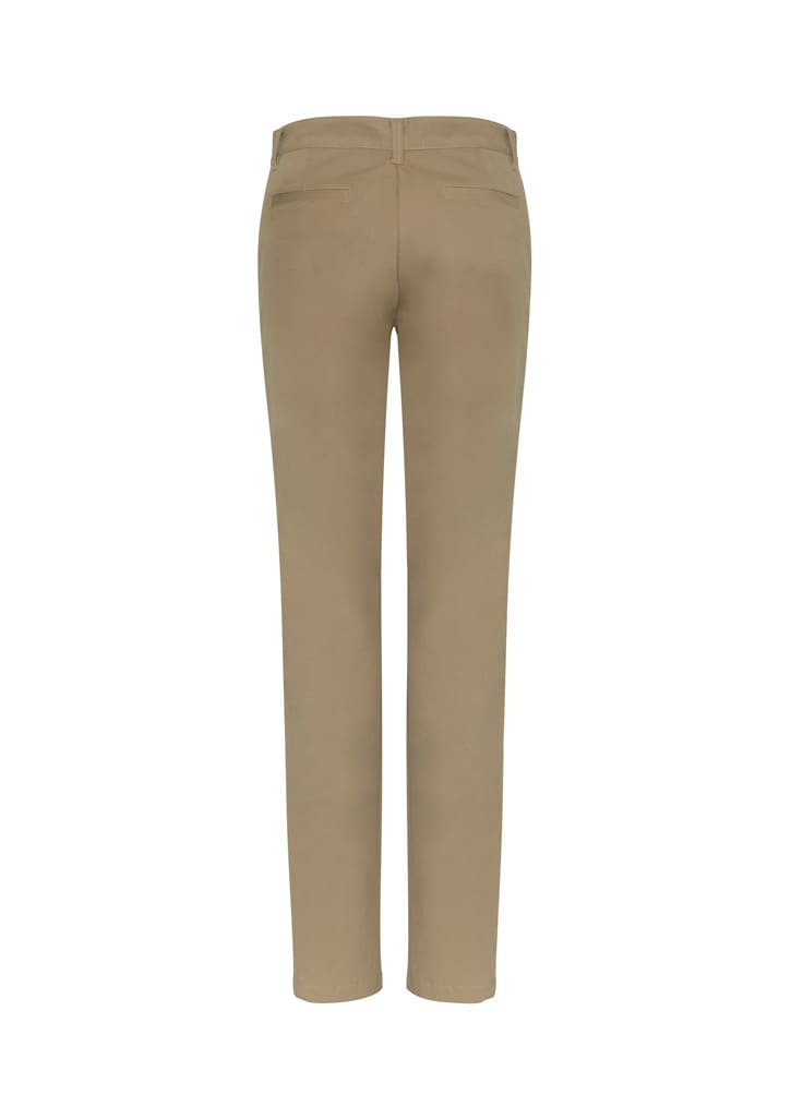 A pair of women's chino pants in a light tan colour, featuring a slim fit and pocket details, with a logo present.