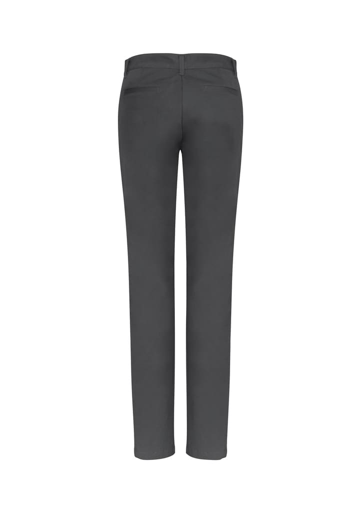Back view of women's Lawson chino pants in dark grey, featuring a fitted design and a subtle logo.