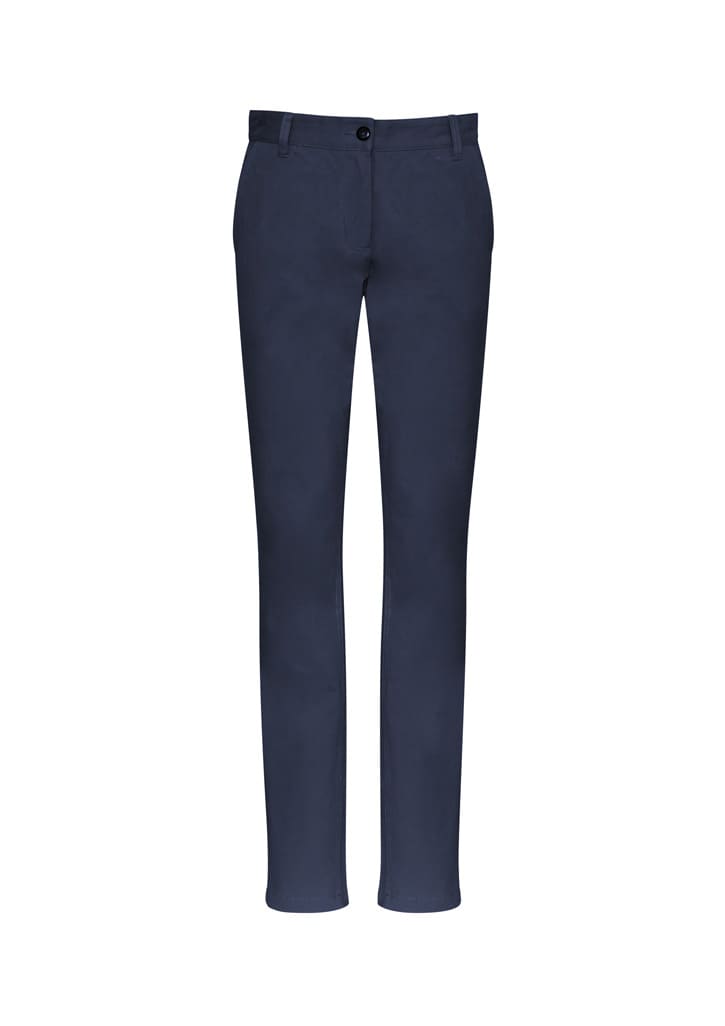 Navy blue women's chino pants with a tapered fit and a front button closure, featuring a logo on the back.