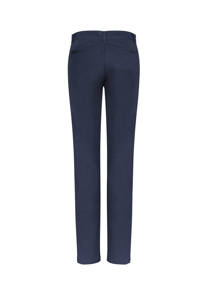 A pair of women's chino pants in navy blue, featuring a slim fit and a back pocket detail.