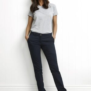 A pair of women's navy chino pants with pockets, paired with a grey t-shirt and white sneakers.