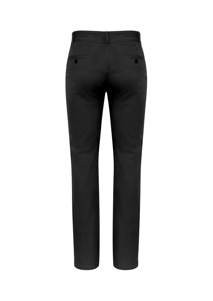 A pair of men's chino pants in black, featuring a back view with two pockets and a subtle branding element.