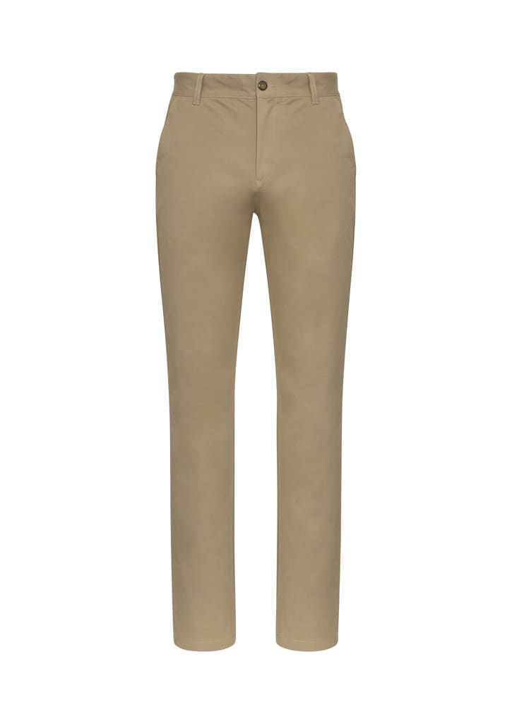 A pair of men's chino pants in a light tan colour, featuring a button closure and front pockets.