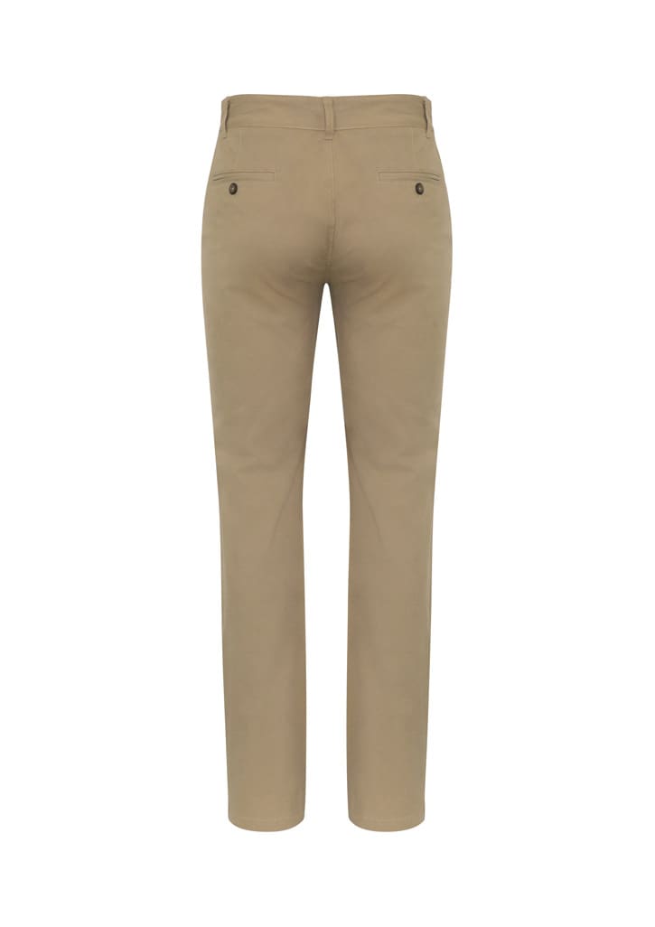 Beige chinos with a slim fit, featuring back pockets and a branded logo, viewed from the back.