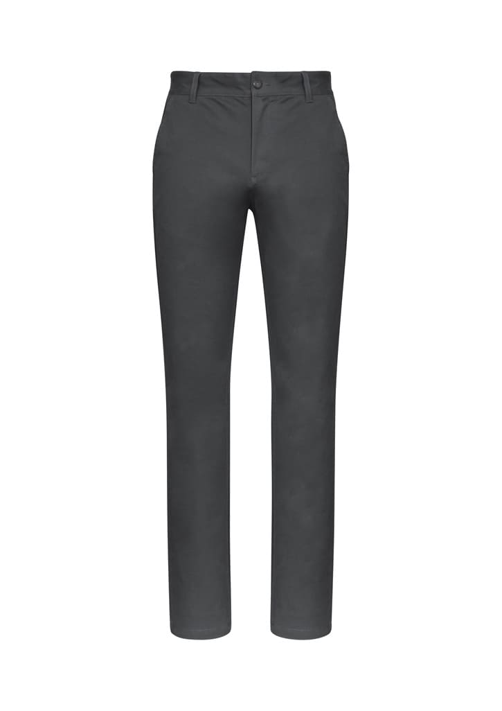 A pair of grey chino pants with a fitted design, featuring pockets and a front button closure.