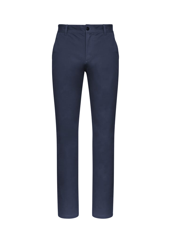 Navy chinos with a straight leg design and a button front, featuring a logo on the waistband.