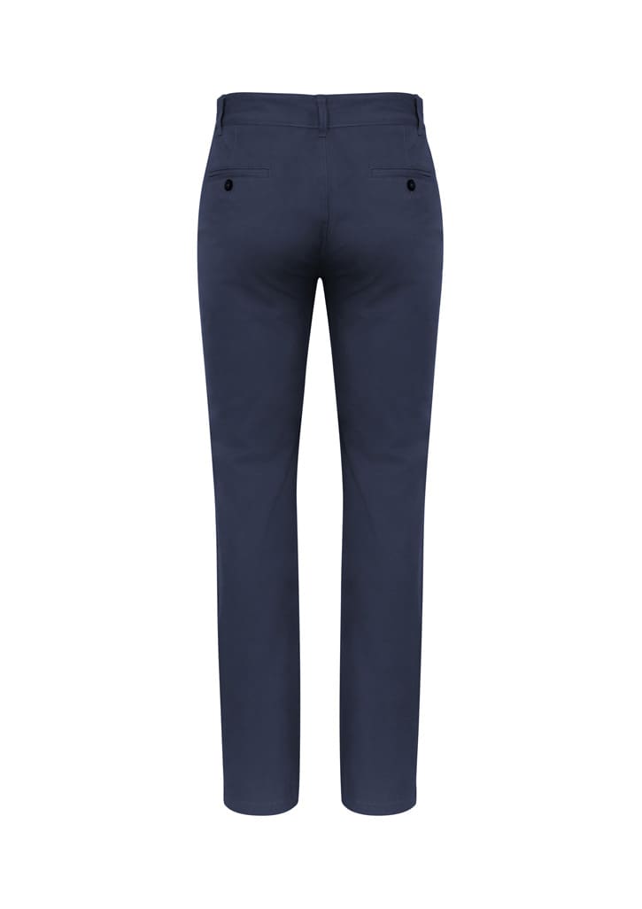 A pair of men's navy chino pants, featuring a slim fit and back pockets, with a brand logo present.
