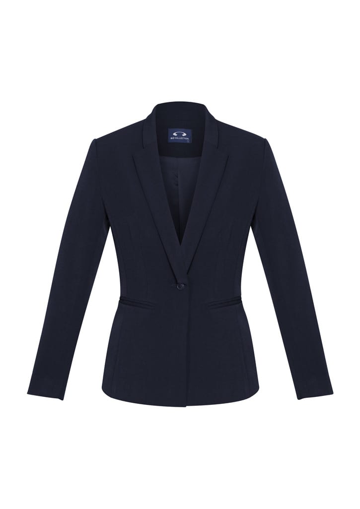 A fitted women's blazer in navy blue with a single button and tailored design. Includes a logo on the inside.