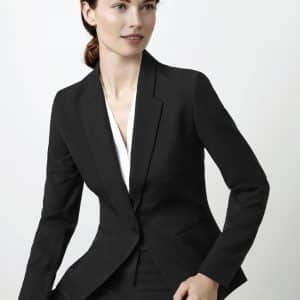 A stylish black women's blazer with a tailored fit, featuring a notched lapel and a single-button closure.
