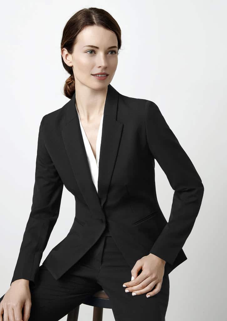 A stylish black women's blazer with a tailored fit, featuring a notched lapel and a single-button closure.