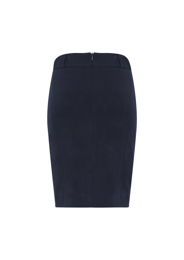 A fitted navy skirt with a back zipper, featuring a sleek, tailored design. Includes branding on the waistband.
