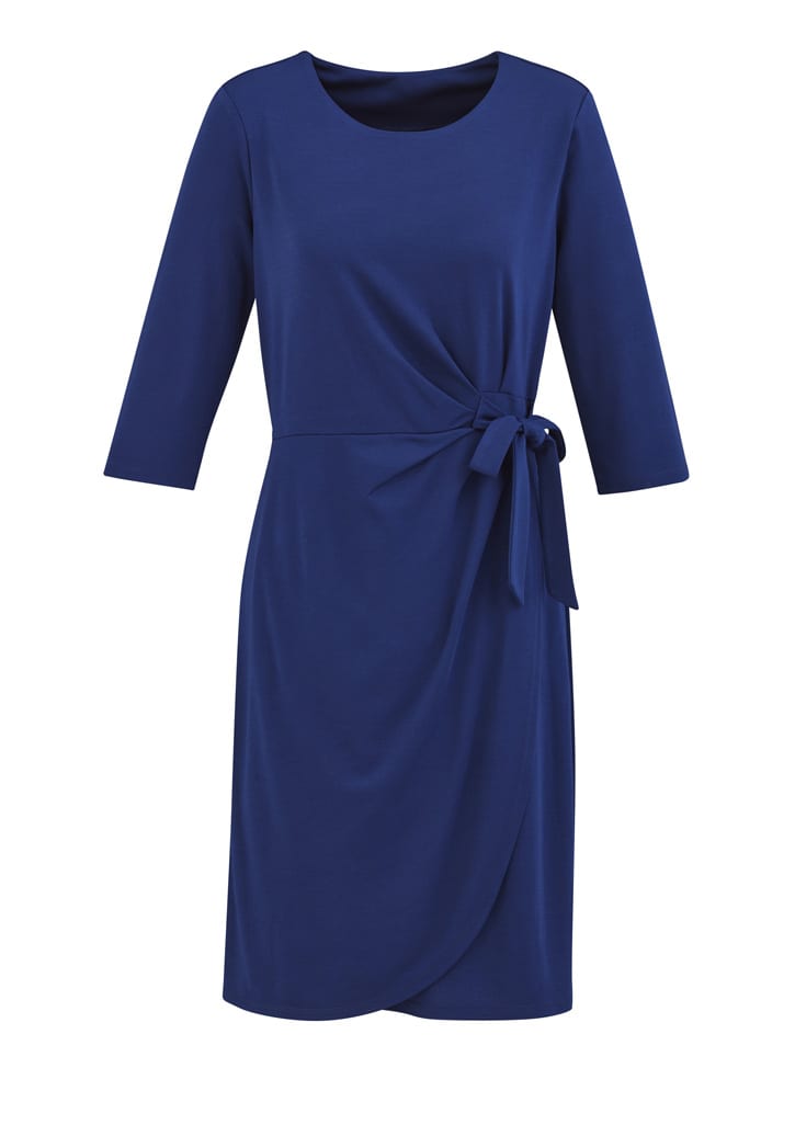 A navy blue dress with three-quarter sleeves and a tie detail at the waist, featuring a wrap design.