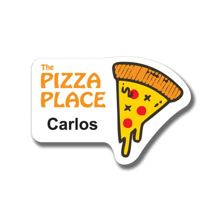 A plastic badge featuring a cartoon pizza slice and the text 